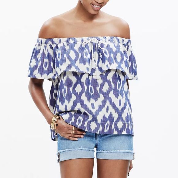 Madewell Balcony Off-the-Shoulder Top in Blue Ikat Print size Extra Small XS - Picture 1 of 15